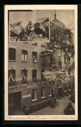 AK Berlin, Mädchenheim, Tieckstrasse 17 als Flüchtlingsheim, Pferdewagen