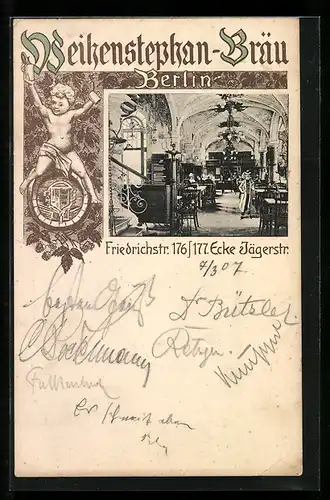 Passepartout-AK Berlin, Gasthof Weihenstephan-Bräu, Friedrichstrasse 176 / 177, Innenansicht, Kind auf Bierfass