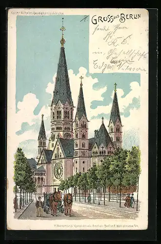 Lithographie Berlin-Charlottenburg, Kaiser Wilhelm-Gedächtniskirche mit Kutsche