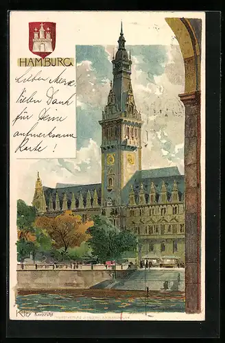 Künstler-AK Heinrich Kley: Hamburg, Rathaus und Wappen