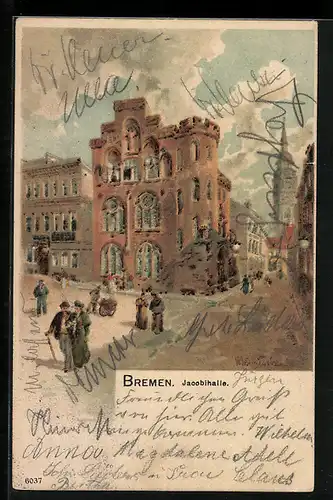 Lithographie Bremen, Jacobihalle mit Strasse und Passanten