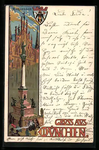 Lithographie München, Mariensäule mit betenden Besucherinnen, Wappen