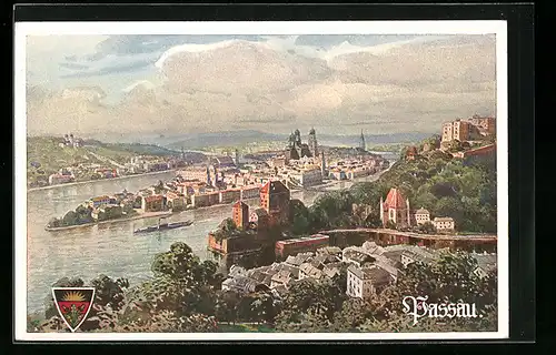 AK Passau, Panorama mit Ilz und Donau, Deutscher Schulverein