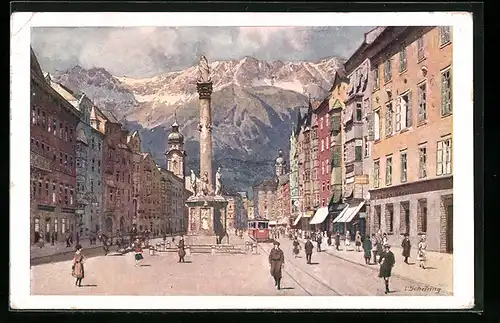 AK Innsbruck, Maria Theresienstrasse mit Strassenbahn und Bergpanorama