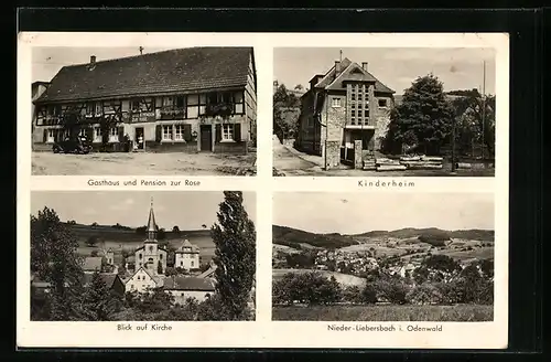 AK Nieder-Liebersbach / Odw., Gasthaus & Pension zur Rose, Kinderheim, Kirche