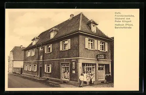 AK Hassloch /Pfalz, Cafe, Frühstücksstube und Bäckerei von Peter Klingert, Bahnhofstrasse