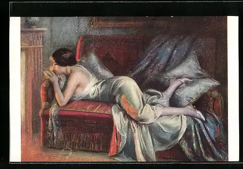 Künstler-AK Delphin Enjolras: Dreamer, junge Dame liegt auf einem Sofa