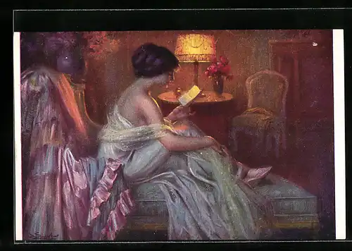 Künstler-AK Delphin Enjolras: Dame in leichtem Nachthemd liest einen Brief auf dem Sofa