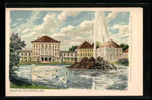 Künstler-Lithographie Fritz Bergen: München, Schloss Nymphenburg, Wasserspiele, Fontäne