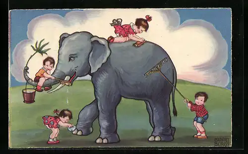 Künstler-AK Margret Boriss: Toilette raffinée, Kinder putzen einen Elefant