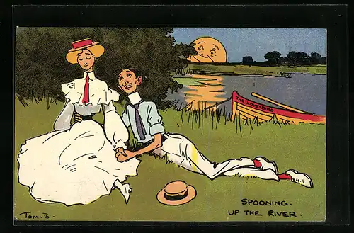 Künstler-AK Tom Browne: Spooing up the River, Scherz, Mondgesicht