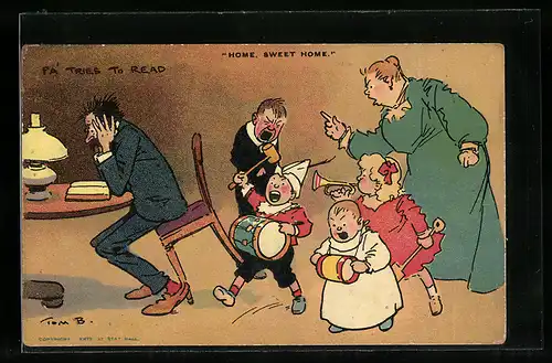 Künstler-AK Tom Browne: Pa tries to Read, Lärmende Kinder