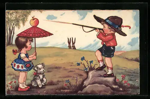 Künstler-AK Margret Boriss: Knabe beim Zielschiessen mit Gewehr