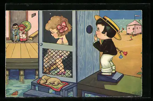 Künstler-AK Margret Boriss: Junge beobachtet Mädchen in Umkleidekabine am Strand, Voyeur