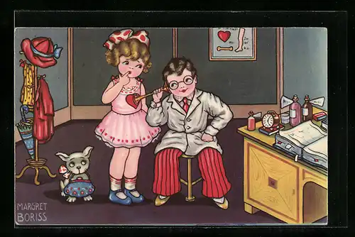 Künstler-AK Margret Boriss: Doktor hört junge Patientin ab