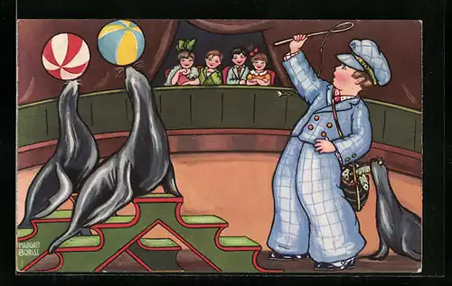 Künstler-AK Margret Boriss: Ein Dompteur in der Manege mit zwei Seehunden