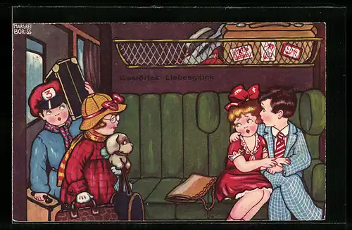 Künstler-AK Margret Boriss: Gestörtes Liebesglück im Zugabteil