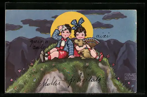 Künstler-AK Margret Boriss: Kleines Paar mit Hund im Mondschein auf einer Bergspitze