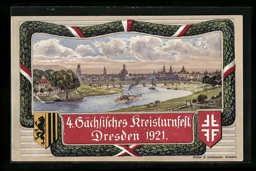 Künstler-AK Dresden, 4. Sächsisches Kreisturnfest 1921, Panorama von Elbflorenz