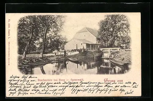 AK Buschmühle b. Burg /Spreewald, Ortsansicht mit Ruderbooten