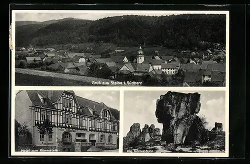 AK Steina /Harz, Hotel zum Römerstein, Römerstein, Panorama des Ortes