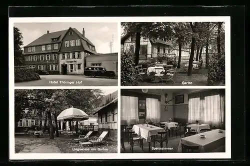 AK Stützerbach / Thür. W., Hotel Thüringer Hof, Innenansicht Speisezimmer, Garten