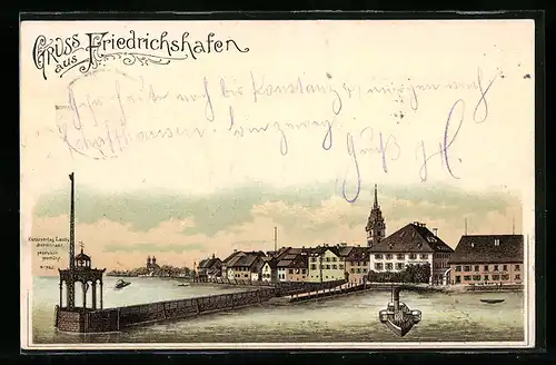 Lithographie Friedrichshafen, Teilansicht mit Dampfer