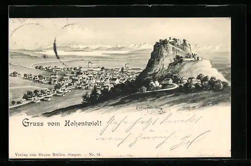 Künstler-AK Eugen Felle: Singen, Ortsansicht mit Blick auf Hohentwiel