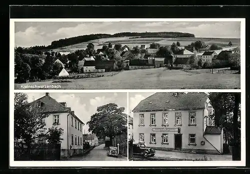 AK Kleinschwarzenbach, Ortsansicht und Partie an Gasthaus und Metzgerei Gustav Saalfrank