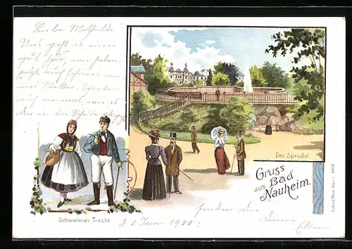 Lithographie Bad Nauheim, Schwälmer Trachten-Paar, Sprudel mit Kurgästen