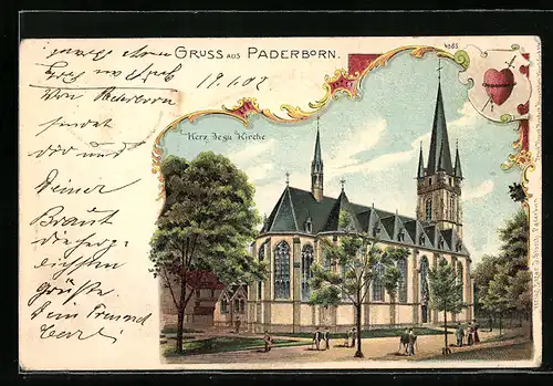 Lithographie Paderborn, Blick auf die Herz Jesu Kirche