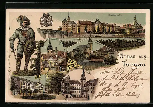 Lithographie Torgau, Stadtansicht, Schlosshof, Schlossportal, Gymnasium