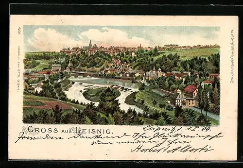 Lithographie Leisnig, Ortsansicht mit Wasserpartie