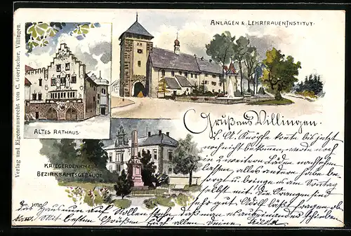 Lithographie Villingen, Anlagen und Lehrfraueninstitut, Altes Rathaus, Kriegerdenkmal, Bezirksamtsgebäude