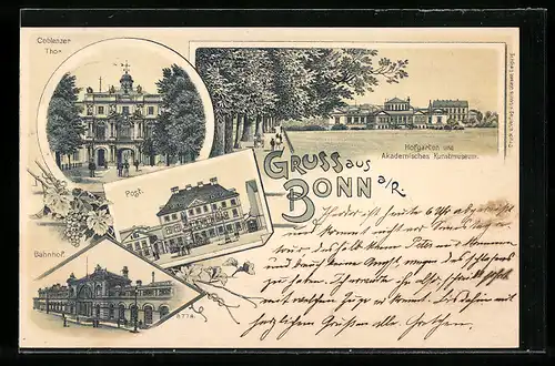 Lithographie Bonn, Hofgarten und Akademisches Kunstmuseum, Post und Bahnhof