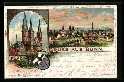 Lithographie Bonn, Münsterkirche, Totalansicht vom Ort, Wappen