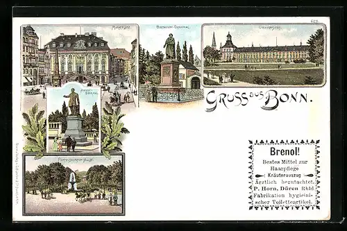 Lithographie Bonn, Marktplatz und Poppelsdorfer Allee