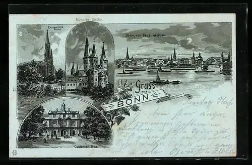Lithographie Bonn, Ev. Kirche, Münster-Kirche, Coblenzer Thor u. die Stadt von Beuel gesehen