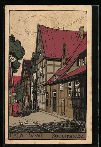 Steindruck-AK Halle i. W., Rosenstrasse mit Häusern