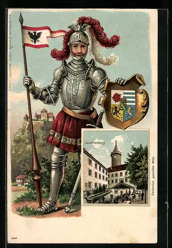 Passepartout-Lithographie Seitenroda, Leuchtenburg, Burghof, Ritter mit Wappenschild