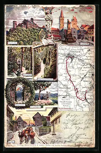 Lithographie Eisenach, Wartburg, Annathal, Drachenschlucht, Landkarte, Hohe Sonne, Hirschstein, Ruhla