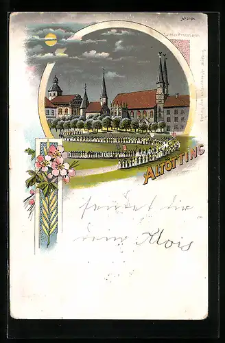 Lithographie Altötting, Kirche und Prozession