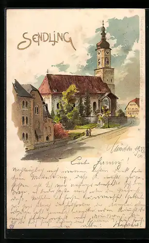 Lithographie München-Sendling, Ortspartie mit Kirche