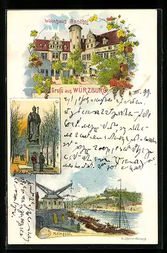 Lithographie Würzburg, Weinhaus Sandhof, Mainquai