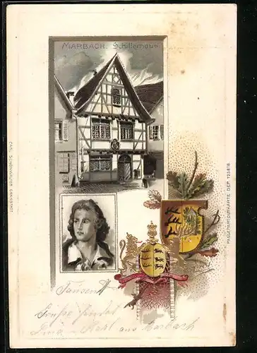 Passepartout-Lithographie Marbach, Schillerhaus, Wappen