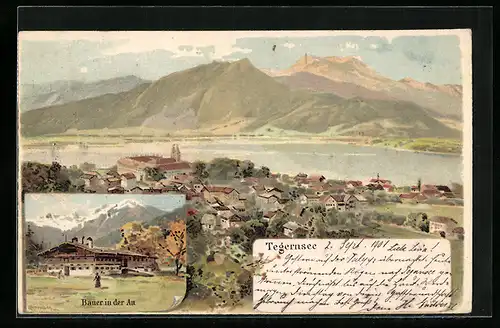 Lithographie Tegernsee, Bauer in der Au, Totalansicht mit Bergen