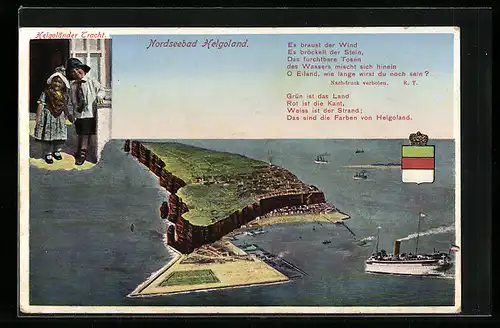 Künstler-AK Helgoland, Inselpanorama, Kinderpaar in Helgoländer Tracht