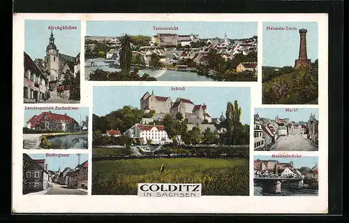 AK Colditz, Badergasse, Kirchgässchen, Muldenbrücke, Heimats-Turm