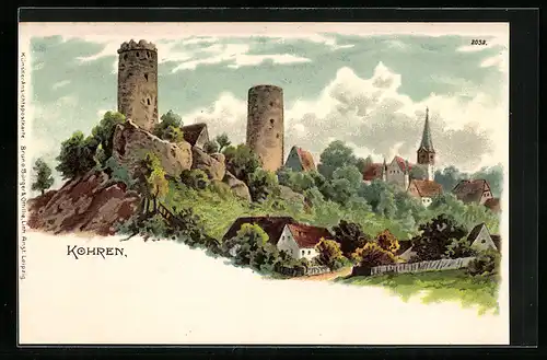 Lithographie Kohren, Burgruinen über Stadt