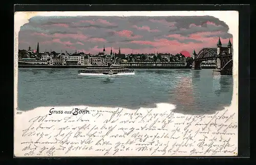 AK Bonn, Panorama der Stadt im Licht der untergehenden Sonne